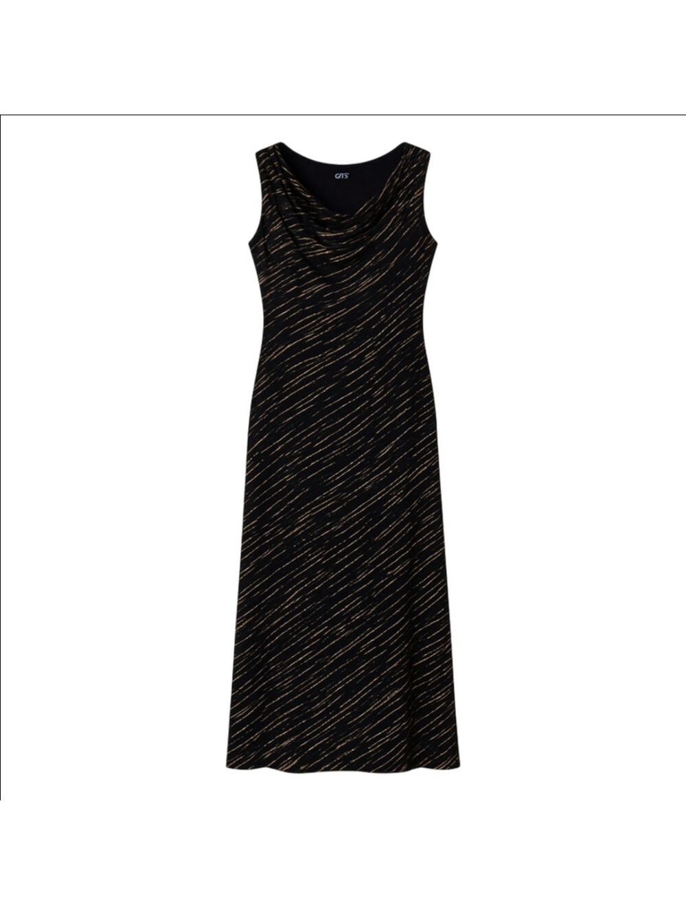 Black Ankle Length Dress with Tan Diagonal Print and Draped Cowl Neckline